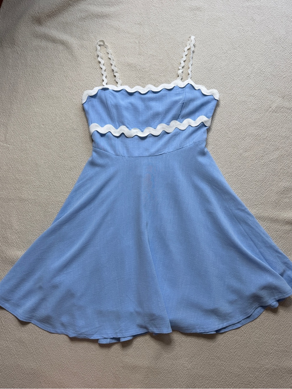 May Berries Sky Blue Fit & Flare White Ric Rac Trim Mini Dress M Coastal Picnic - Picture 2 of 8
